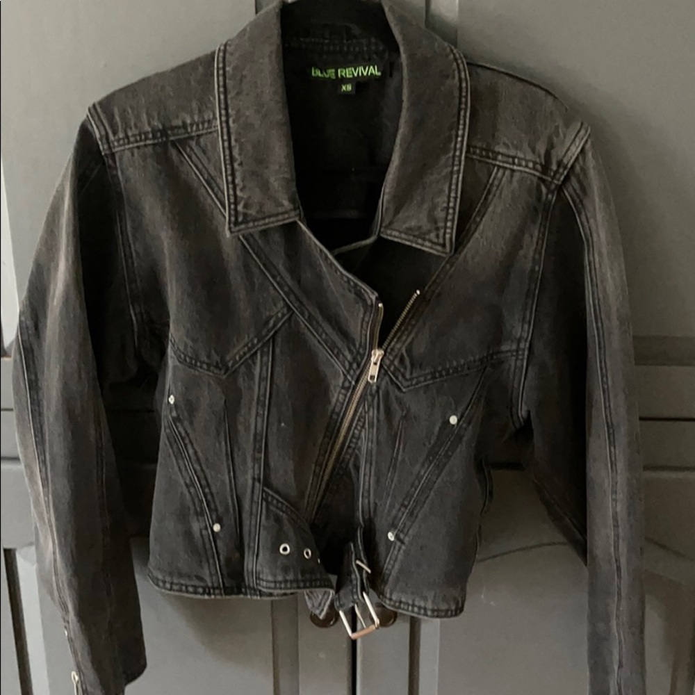 Oversized black denim moto jacket